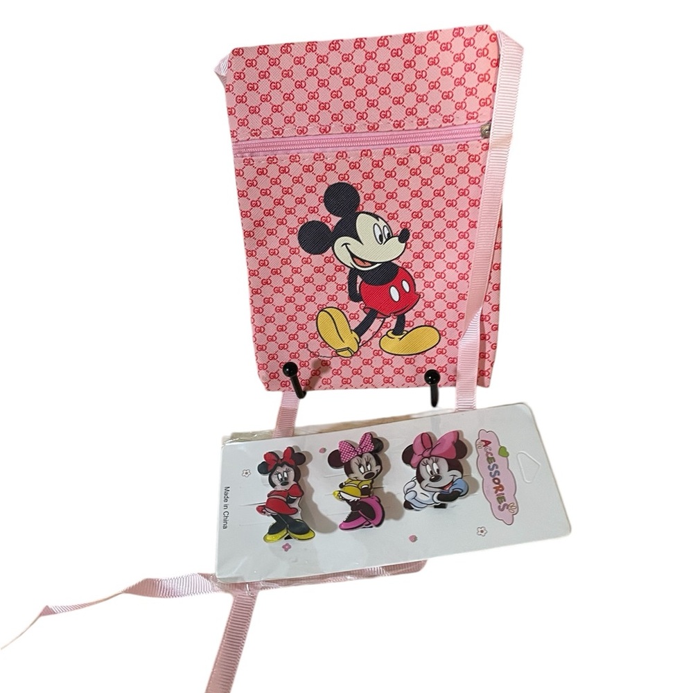 Disney Mickey Mouse Kids crossbody bag  with Hair Clips - Pink